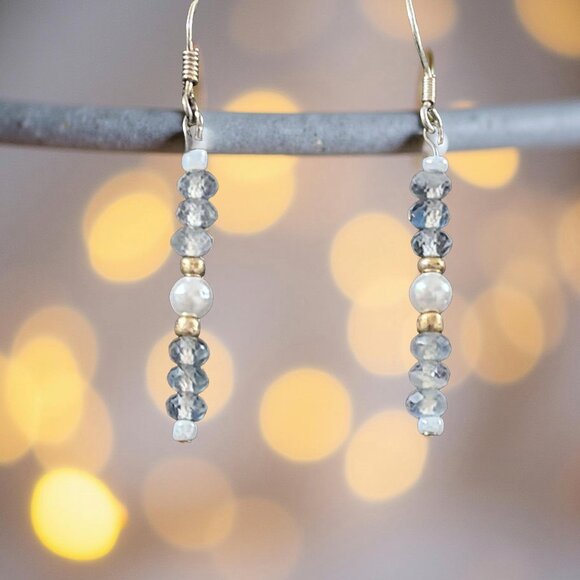 Dainty Labradorite & Pearl Earrings • Sterling Silver • Gold-Tone Accents - Picture 2 of 12